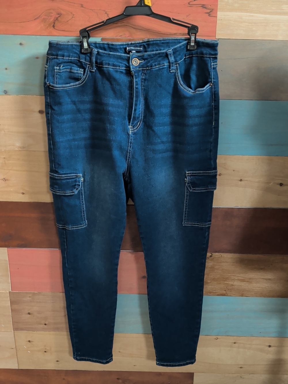 Women's Skinny Cargo Jeans - Dark Blue Stretch Denim